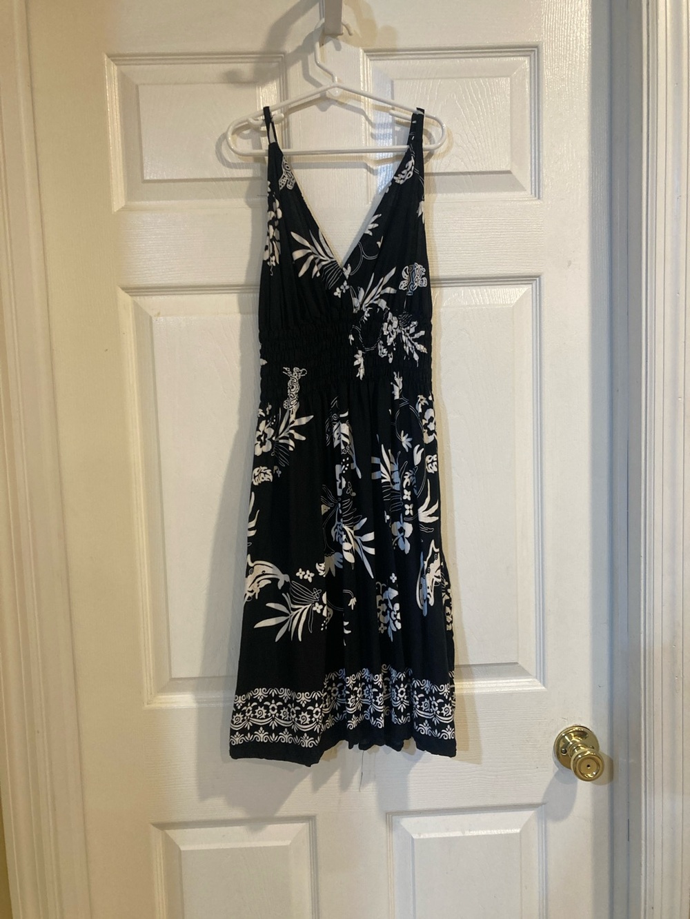 Black Floral V-Neck Midi Dress with Smocked Waist